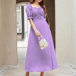 Shasmi Girl's & Women's Solid A-Line Ruched Puff Sleeve Maxi Long Evening One Piece Long Dress for Women Stylish (Dress 131)